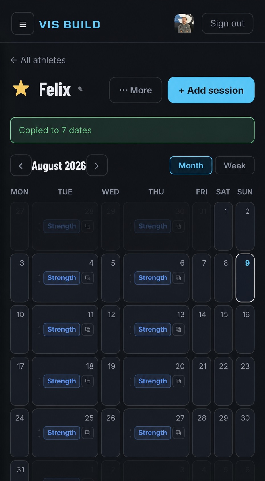 VIS BUILD mobile calendar showing repeated strength sessions for an athlete